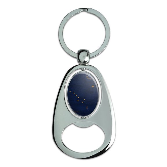 Rustic Alaska State Flag Distressed USA Keychain Chrome Metal Spinning Oval Bottle Opener