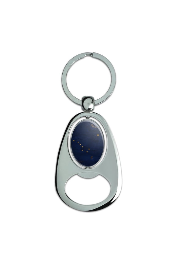 Rustic Alaska State Flag Distressed USA Keychain Chrome Metal Spinning Oval Bottle Opener