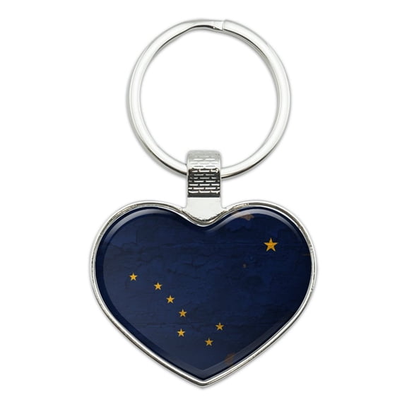 Rustic Alaska State Flag Distressed USA Keychain Heart Love Metal Key Chain Ring