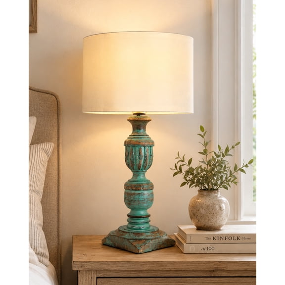Rustic Algae French Trophy Carved Table lamp with Empire Khadi Shade