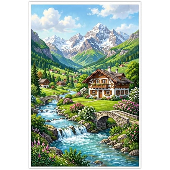 Rustic Alpine Mountain Village Wall Art Scenic Swiss Chalet Decor Poster
