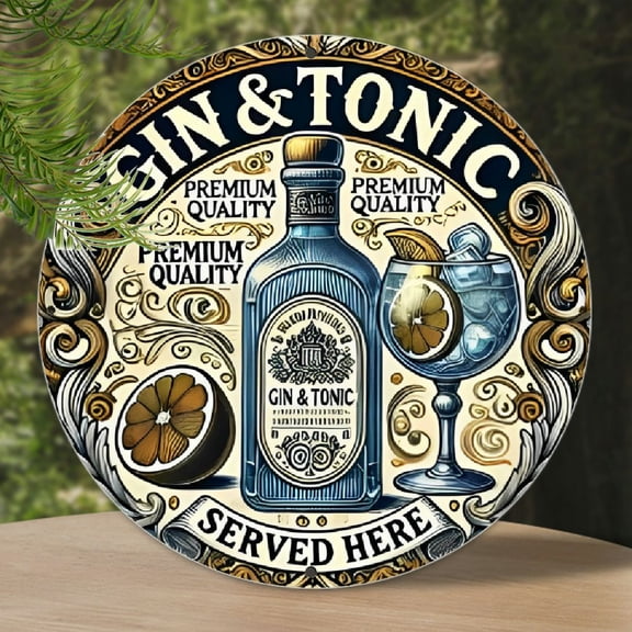 Rustic Aluminum Round Sign - Vintage-Inspired 'GIN Tonic Served Here' - Home Decor for Walls & Windows, Laundry, Gym, Cafe, Patio, Bar, Kitchen, Restaurant, Party, Garden
