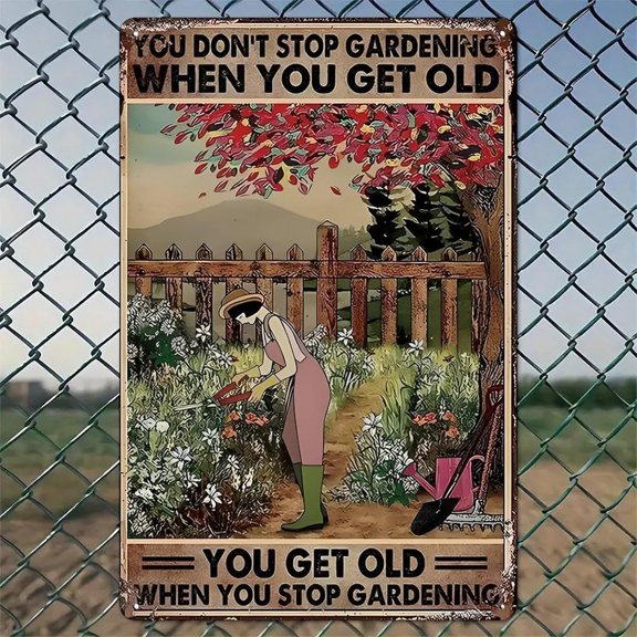 Rustic Aluminum Wall Art and Metal Tin Sign, Farming Woman Amidst Blooming Flowers, Vintage Garden Decor for Home, Office, Cafe, Yard, 8 x 12 in