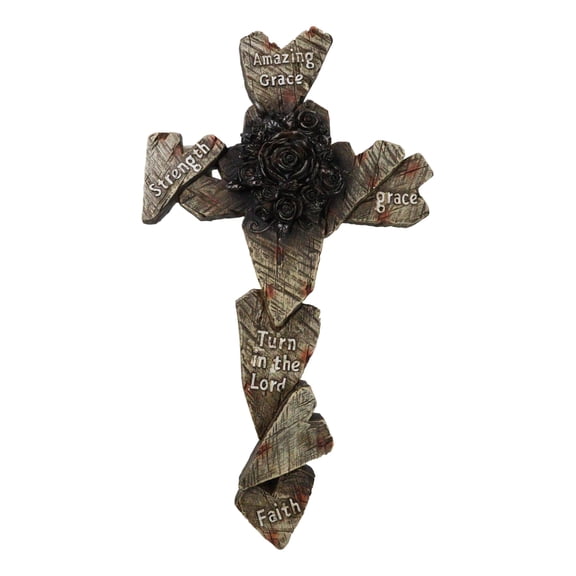 Rustic Amazing Grace Strength Faith Blooming Roses Faux Wood Hearts Wall Cross