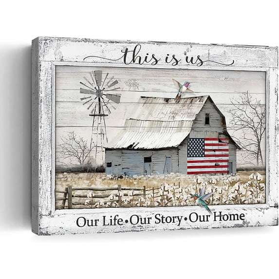 Rustic American Barn Canvas Wall Art Farmhouse Windmill Flag Pictures Wall Decor Vintage Barn Print Painting for Farm Room Living Room Home Decoration Framed 12X16 Inch
