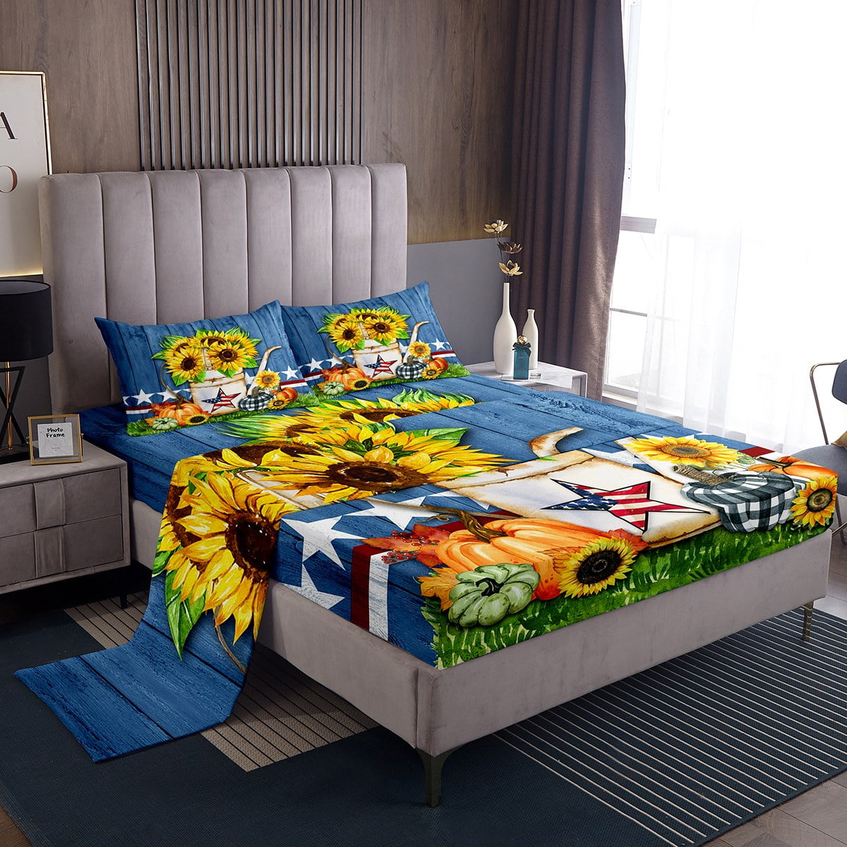 Rustic American Bed Sheets Set Pumpkin Sunflowers Decor Sheets, Vintage