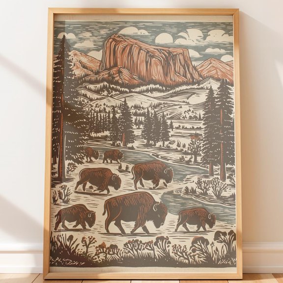 Rustic American Bison Herd Scene Western Nature Landscape Vintage Illustration Retro Lino Native Style Decorative Wall Art Poster , Poster Print Only