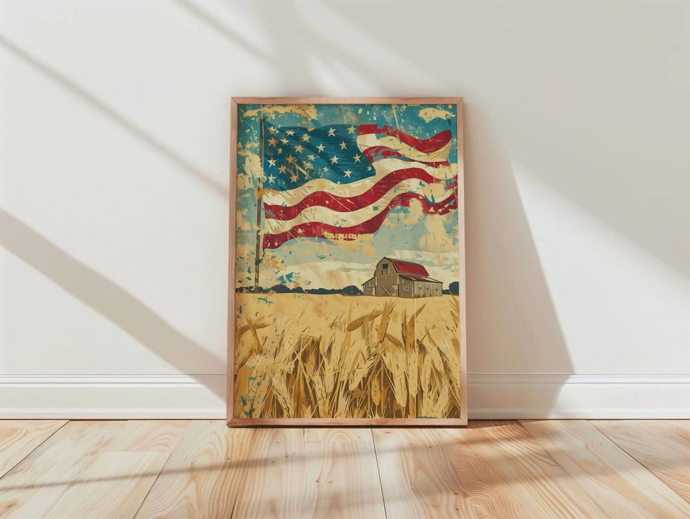 Rustic American Flag Barn Golden Wheat Field Landscape Wall Art, Poster ...