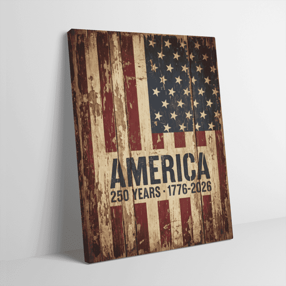 Rustic American Flag Canvas Wall Art – Distressed Wood Plank Patriotic Decor – AMERICA 250 Years 1776-2026 – Gallery Wrapped Ready to Hang – Waterproof UV Resistant Fade Proof,8x10 Inch