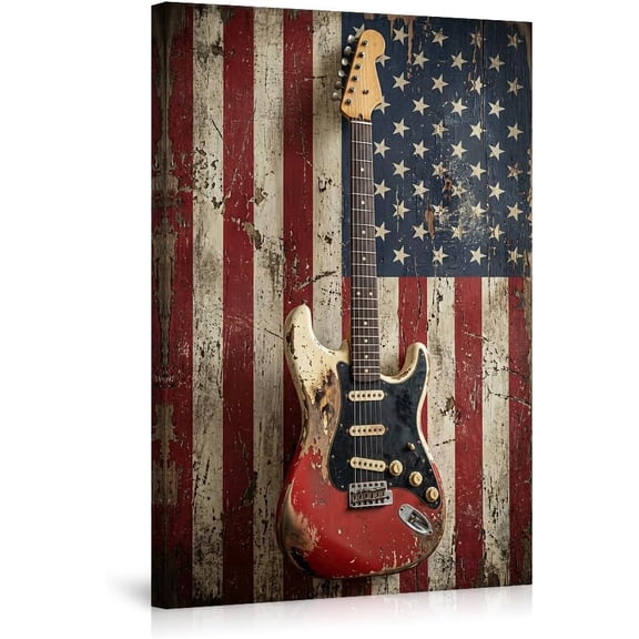 Rustic American Flag Electric Guitar Wall Art Vintage Music Man Cave Poster