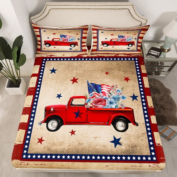 Rustic American Flag Fitted Sheet Democratic Freedom American Style Bedding Set Queen, American Stars Stripes Red Car Bed Sheets USA Memorial Day Patriotic Theme Fitted Sheet + 2 Pillowcases