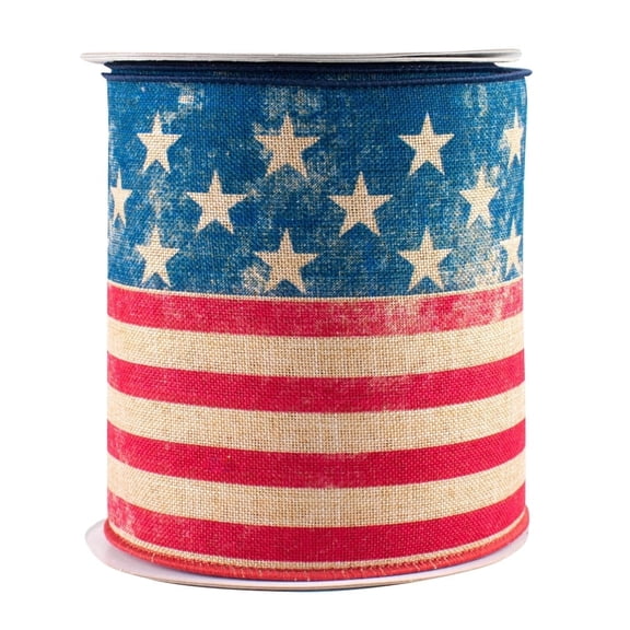 Rustic American Flag Patriotic Ribbon - 4" x 10 Yards, 4th of July, USA 250th Anniversary, Tea Stained, Wired Ribbon, Wreaths, Election, Crafts, Decorations, Veterans Day, 1776, Rally, Labor Day