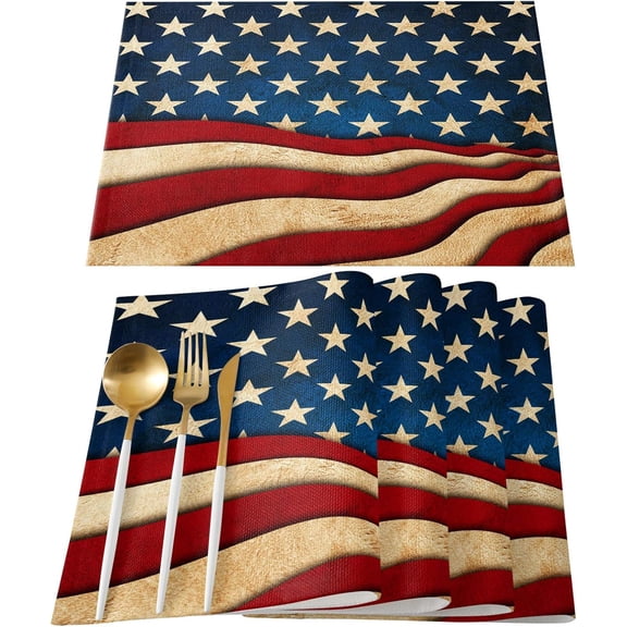 Rustic American Flag Placemats Independence Day Tables Mats for Kitchen Dining Patriotic USA Flags 4th July Tablemats Memorial Day Place Mats for Holiday Party Home Decor Set of 6