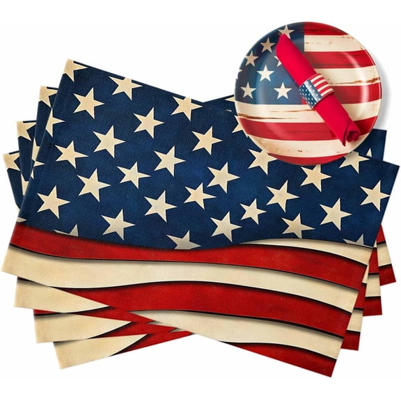 Rustic American Flag Placemats Independence Day Tables Mats for Kitchen Dining Patriotic USA Flags 4th July Tablemats Memorial Day Place Mats for Holiday Party Home Decor Set of 6