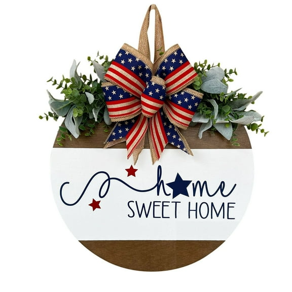 Rustic American Flag Welcome Wreath - Wooden Patriotic Decor for Front Door, 4th of July Memorial Day Independence Day Porch Sign, Red White Blue Wall Hanging Decor