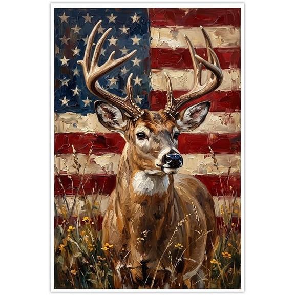 Rustic American Flag Whitetail Deer Wall Art Patriotic Buck Farmhouse Decor