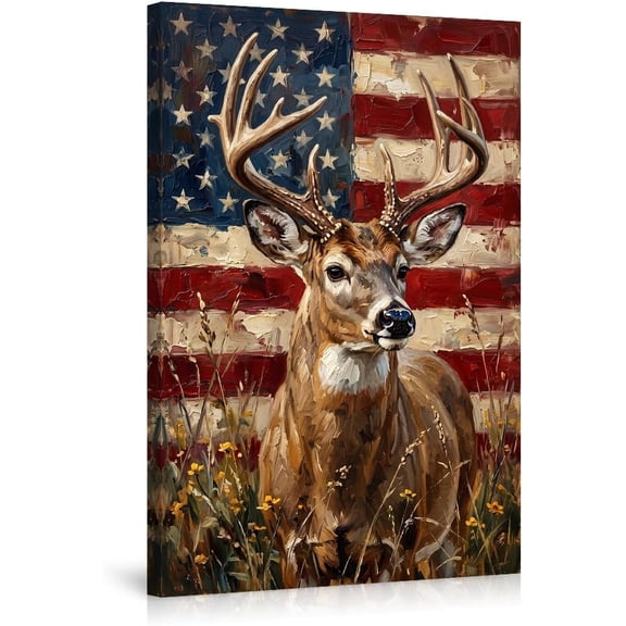 Rustic American Flag Whitetail Deer Wall Art Patriotic Buck Farmhouse Decor