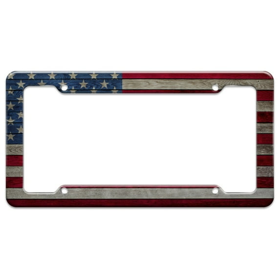 Rustic American Flag Wood Grain Design License Plate Tag Frame