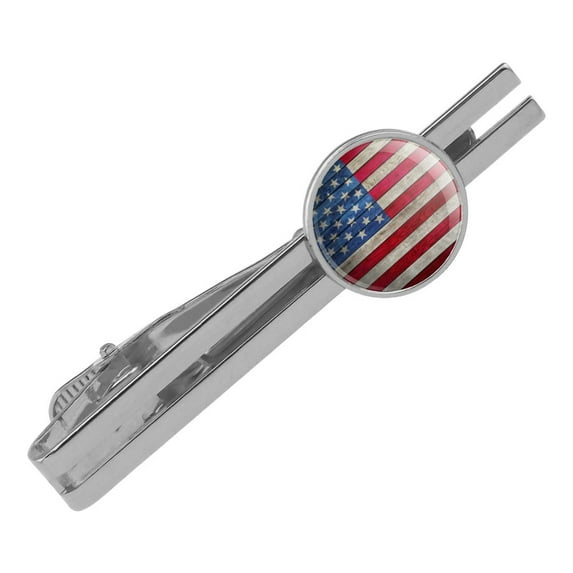 Rustic American Flag Wood Grain Design Round Tie Bar Clip Clasp Tack Silver Color Plated