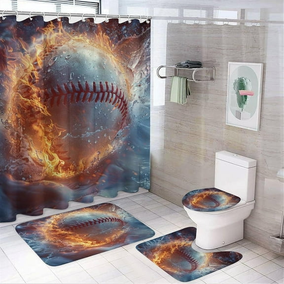 Rustic American Sports Baseball 4 Pcs Shower Curtain Set,Modern Ice Fire Burning Theme Baseball Basketball Game Balls Bathroom Set Shower Mat Shower Curtain with Rug 12 Hooks