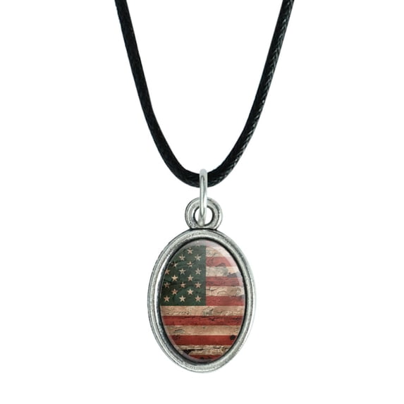 Rustic American USA Flag Distressed Antiqued Oval Charm Pendant with Black Satin Cord