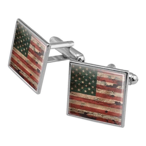 Rustic American USA Flag Distressed Square Cufflink Set Silver Color