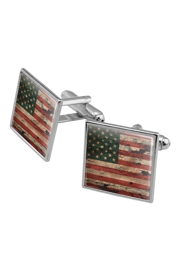 Rustic American USA Flag Distressed Square Cufflink Set Silver Color