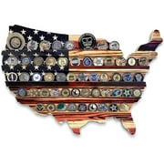 FANGYIN Rustic American USAFlag Challenge Coin Display, Wooden American Flag USA Shape Challenge Coin Holder, Vintage Hanging Wall Coin Display Stand Rack for Police Veterans Patriotic Art Decor