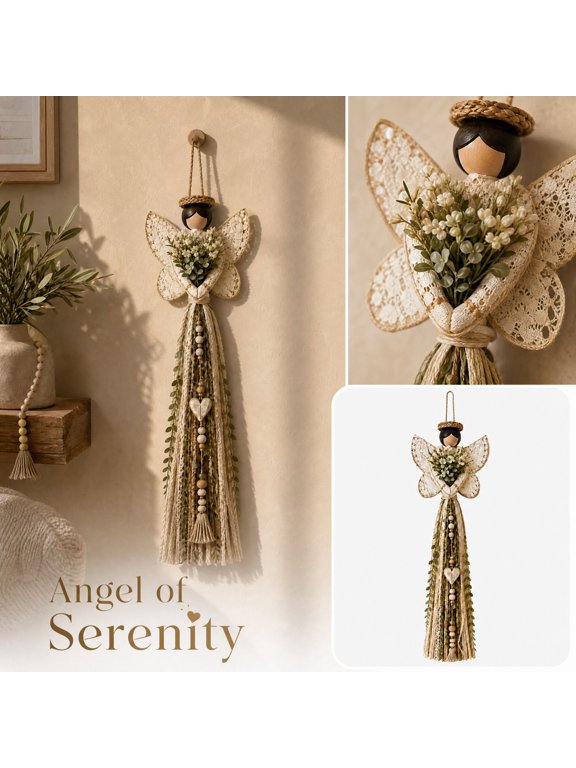 Rustic Angel of Serenity Wall Hanging Decor, Handmade Macrame LaceWing Angel Ornament with Heart & Flower Detail, Boho Farmhouse Indoor Wall Art Decoration