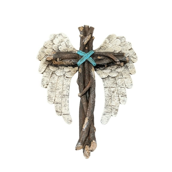 Rustic Angel Wing Wall Cross - Faux Wood Twig Design with Blue Accent - Spiritual Religious Décor for Home Church Office - Vintage Style - Housewarming Holiday Gift