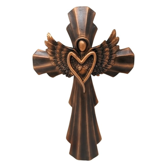 Rustic Angel Wing Wall Cross – Vintage Brown Resin Cross with Angel for Home, Church, or Memorial Wall Décor