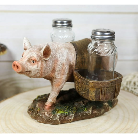 Rustic Animal Farm Barn Porky Pig With Saddlebags Salt Pepper Shakers Holder Set