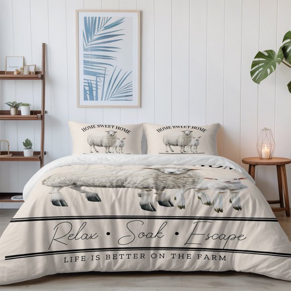 Rustic Animal Farmhouse Sheep California King Size Bed Set,Sweet Home Quote on Beige Bedding for All Seasons,4 Pcs Bed Set with 1 Quiltcover (96"x104"),1 Sheet (110"x98"),2 Pillowcases (20"x36")