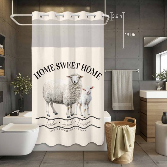 Rustic Animal Farmhouse Sheep No Hook Shower Curtain with Snap in Liner Set,Sweet Home Quote on Beige Waterproof Fabric Shower Curtains with See Through Top Window for Bathroom,36Wx72L