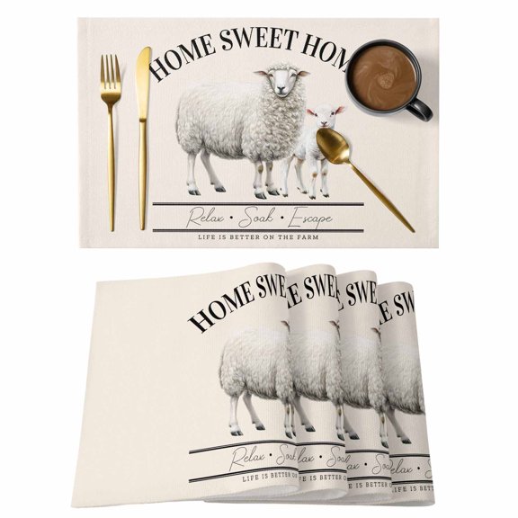 Rustic Animal Farmhouse Sheep Placemats Set of 6,Wipeable Washable Table Mats for Dining Tables, Sweet Home Quote on Beige Place Mats for Kitchen Event Party Tabletop Decor