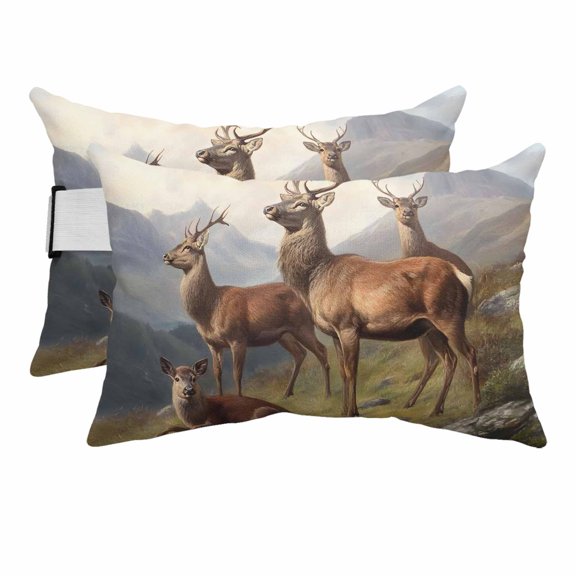 Rustic Animal Pattern Deer Herd Outdoor Pillow for Chaise Lounge Chair,Mountain Landscape Waterproof Headrest Lumbar Pillows with Insert&Elastic Strap for Patio Pool Garden Chairs Decor,2 Pack