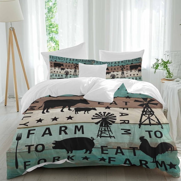 Rustic Animal Pattern on Teal Brown Wood Queen Size Bed Set,Farm Quote Pig Cow Rooster Bedding for All Seasons,4 Pcs Bed Set,1 Quiltcover(90"x92"),1 Sheet(94"x116"),2 Pillowcases(30"x20")