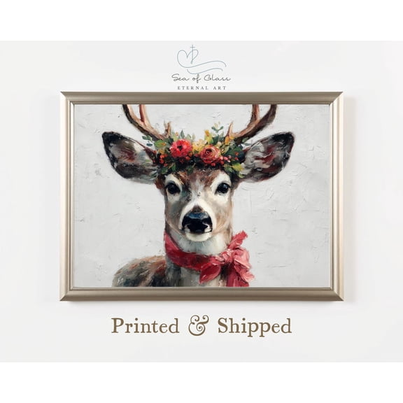 Rustic Animal Wall Art Poster, Floral Deer Print Poster, FarmhouseDecor, Decor, SeasonalDisplay, , Winter Style, Unframed Canvas Size 24x36 F03.1.18l1315