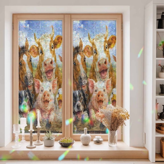 Rustic Animal Window Privacy Film Cow Pig Horse Lamb Duck Countryside Rustic Static Cling Stained Glass Window Film Non-Adhesive Decorative Decals Rainbow Sticker 23.6"X59"