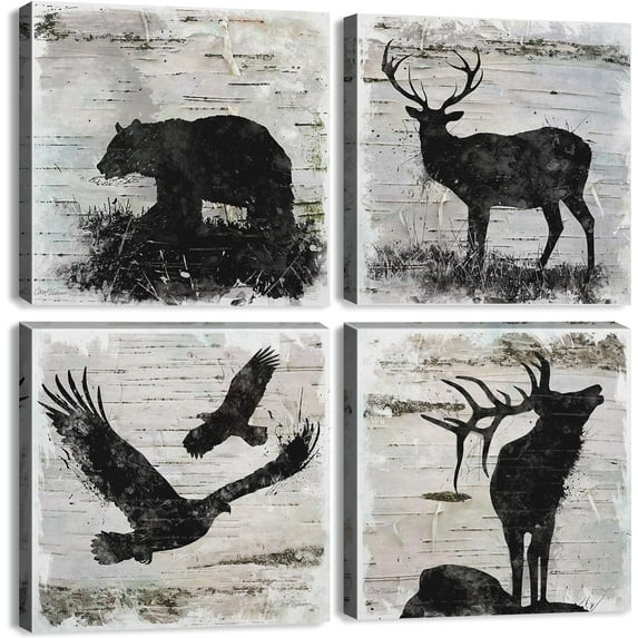Rustic Animals Office Decor Wildlife Wall Art Canvas Print Eagle Elk Bear Black and White Silhouette Painting Picture Artwork for Living Room Bedroom Home Decoration Ready to Hang 16x16 Inch 4 Panels