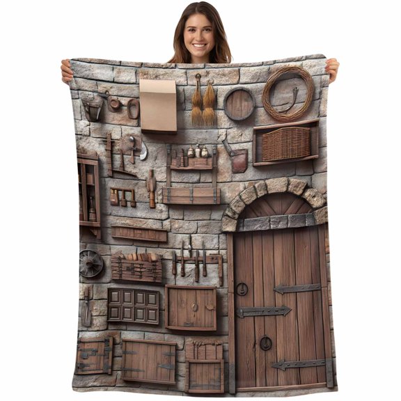 Rustic Antique Blanket Soft Cozy Warm Throw Blanket for Couch, Plush Fuzzy Flannel Fleece Blankets for Sofa, Medieval Historical Wooden Vintage Bed Blankets Lightweight Gifts for Women, 50"x60"