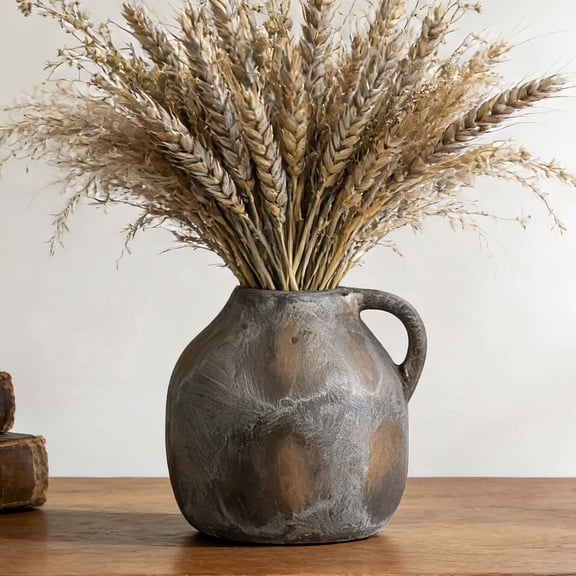 Rustic Antique Ceramic Vase with Handle,5.2 Inch Large Terracotta Flower Vase for Home Decor
