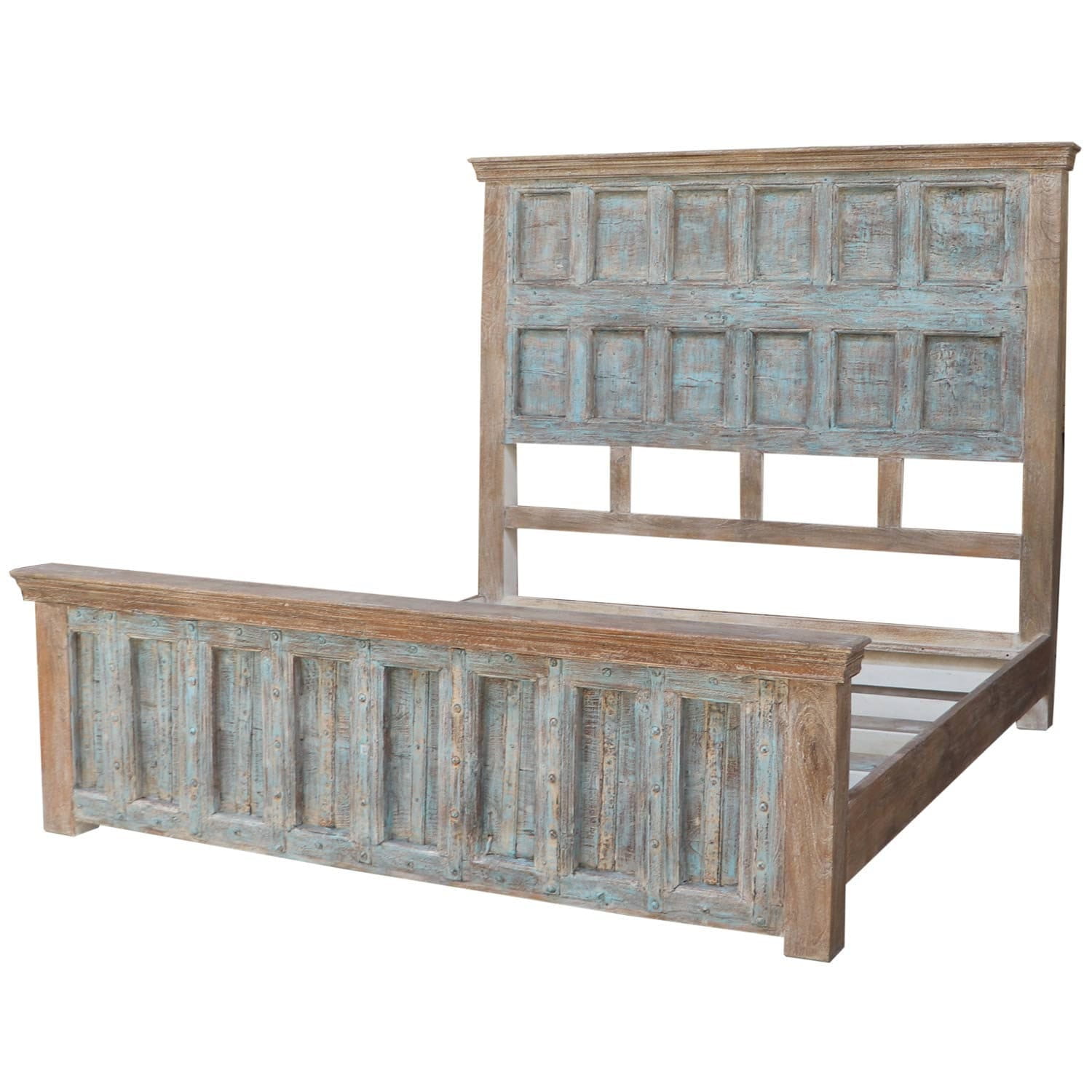 Rustic Antique Door King Bed | Distressed Blue Gray Solid Wood Bed | Farmhouse Ranch Style Bed | Spanish Hacienda Bedroom | Unique Unusual