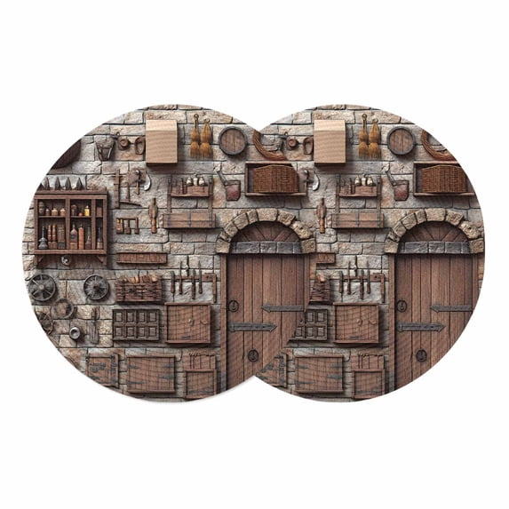 Rustic Antique Round Placemats Set of 2 Medieval Historical Wooden Vintage Place Mats Indoor Woven Table Mats Washable Heat-Resistance Braided Dining Table Placemats for Kitchen Party Decor 13 Inch
