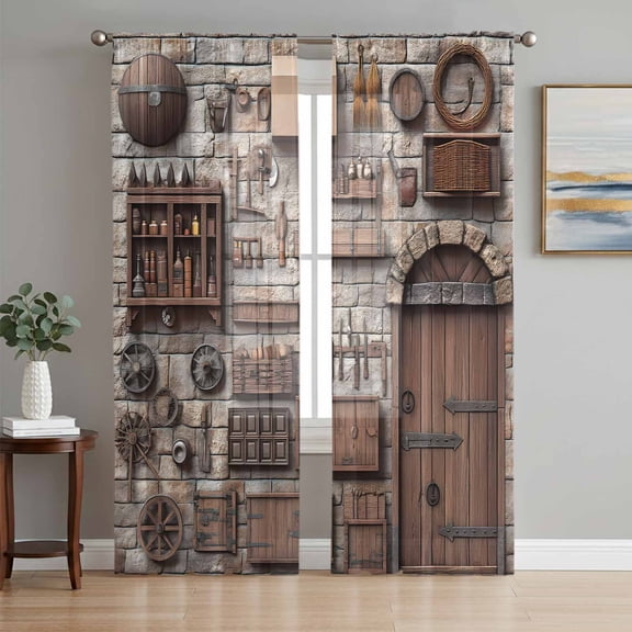 Rustic Antique Sheer Curtains 96 Inches Long 2 Panels Set, Window Sheer Curtains for Living Room/Bedroom, Medieval Historical Wooden Vintage Light Filtering Rod Pocket Curtain 52''x96''x2