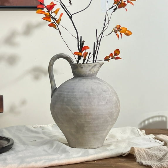 Rustic Antique Terracotta Vase,8.8 Inch Vintage Ceramic Flower Grey Vase for Home Decor, Living Room and Entryway