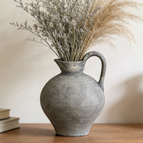Rustic Antique Terracotta Vase,8.8 Inch Vintage Ceramic Flower Grey Vase for Home Decor, Living Room and Entryway
