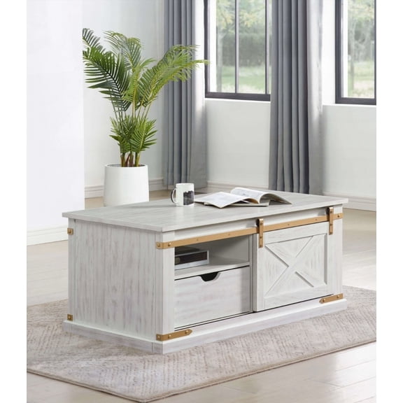 Rustic Antique White 1pc Coffee Table with Open Shelves and Drawers for Living Room