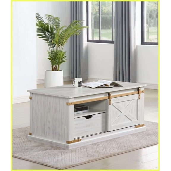 Rustic Antique White & Gold Coffee Table with Open Shelves & Drawer for Living Room, Easy Assembly