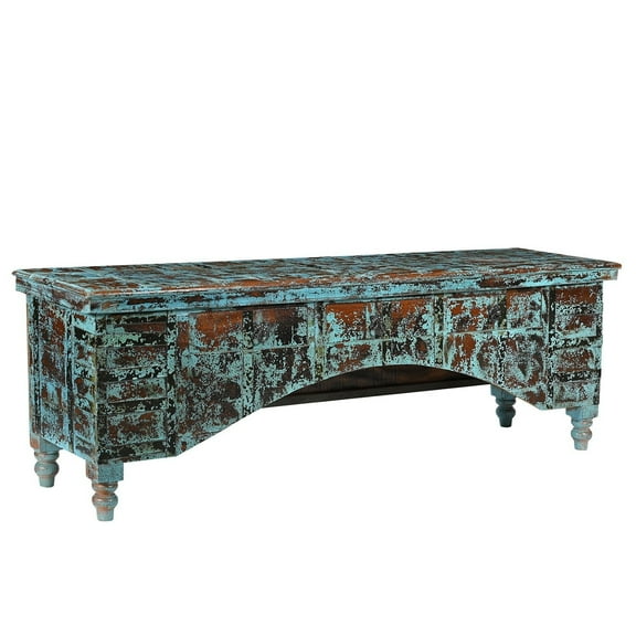 Rustic Antique Wooden Hope Chest With Metal Straps Upcycled Unique 69 in. Long Distressed Blue Bench Seat | Farmhouse Coastal Style